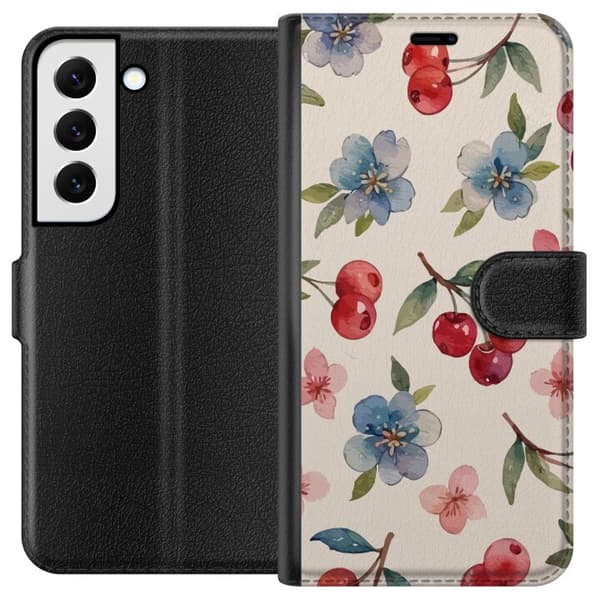 Samsung Galaxy S22 5G Plånboksfodral Bär & Blommor – mönster med blå blommor och skogsbär