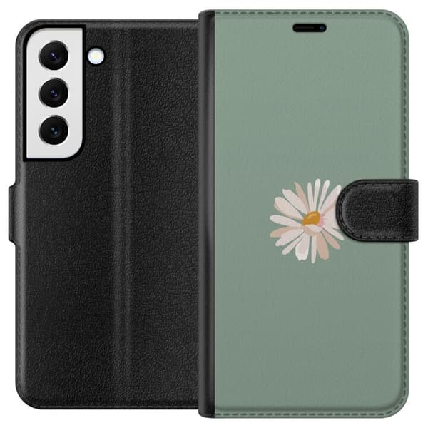 Samsung Galaxy S22+ 5G Plånboksfodral Grön Minimalblomma – stilren blomma på grön bakgrund