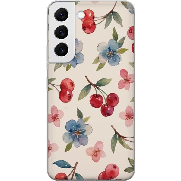 Samsung Galaxy S22 5G Gennemsigtig cover Bær & Blomster - mønster med blå blomster og skovbær