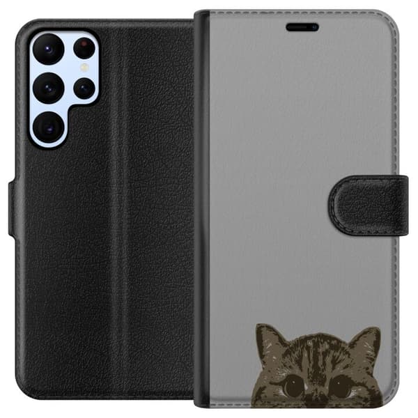 Samsung Galaxy S22 Ultra 5G Tegnebogsetui Grå Katteblik - stilfuld kat design med grå baggrund