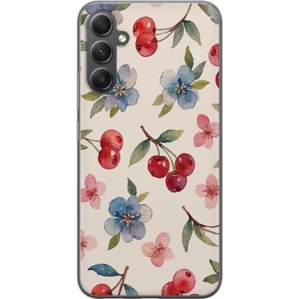 Samsung Galaxy A16 5G Läpinäkyvä kuori Marjat & Kukat - kuvio, jossa on sinisiä kukkia ja metsänmarjoja