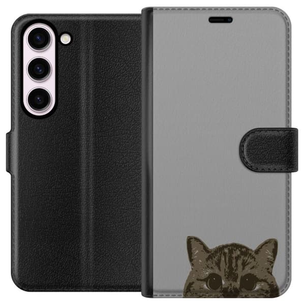 Samsung Galaxy S23 Plånboksfodral Grå Kattblick – stilren kattdesign med grå bakgrund