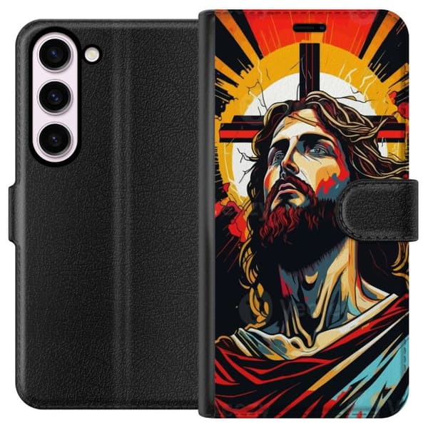 Samsung Galaxy S23 Plånboksfodral Jesus & Kort – religiöst motiv med djup symbolik