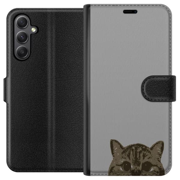 Samsung Galaxy S23 FE Lommeboketui Grå Kattblikk - stilren katte design med grå bakgrunn