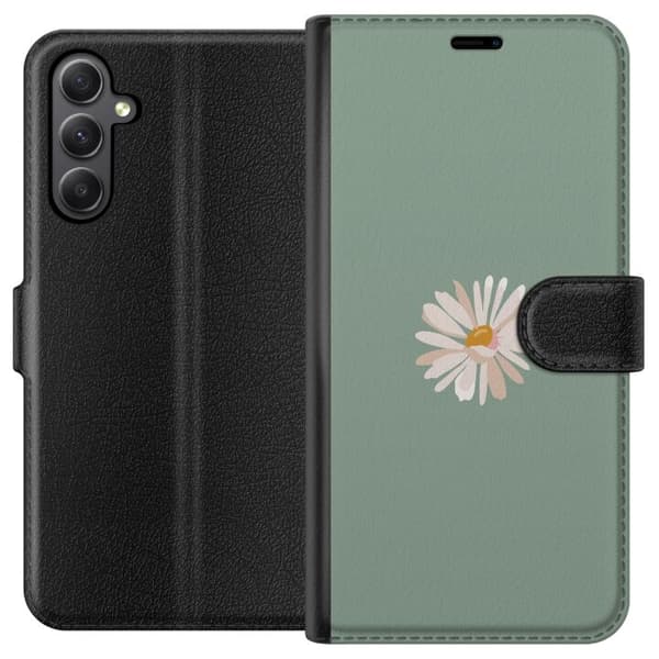 Samsung Galaxy S23 FE Plånboksfodral Grön Minimalblomma – stilren blomma på grön bakgrund