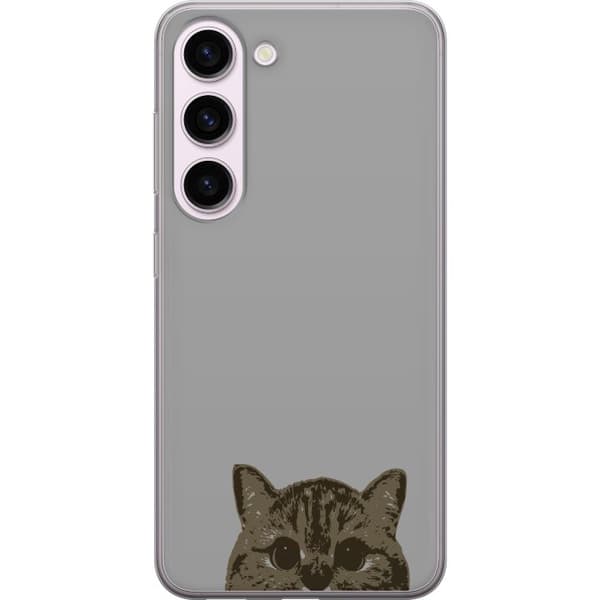 Samsung Galaxy S23 Genomskinligt Skal Grå Kattblick – stilren kattdesign med grå bakgrund