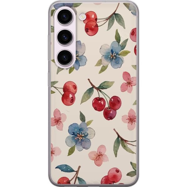 Samsung Galaxy S23 Läpinäkyvä kuori Marjat & Kukat - kuvio, jossa on sinisiä kukkia ja metsänmarjoja