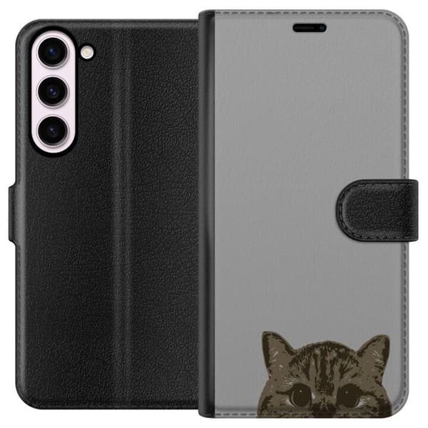 Samsung Galaxy S23+ Lommeboketui Grå Kattblikk - stilren katte design med grå bakgrunn
