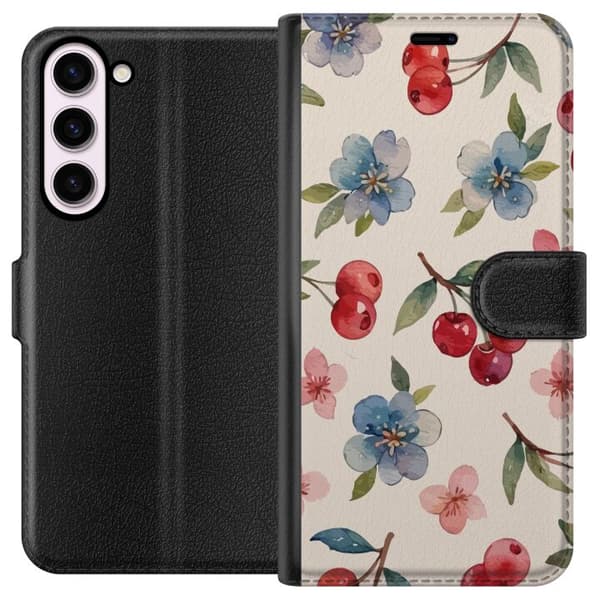 Samsung Galaxy S23+ Lompakkokotelo Marjat & Kukat - kuvio, jossa on sinisiä kukkia ja metsänmarjoja