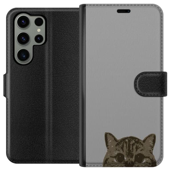 Samsung Galaxy S23 Ultra Plånboksfodral Grå Kattblick – stilren kattdesign med grå bakgrund