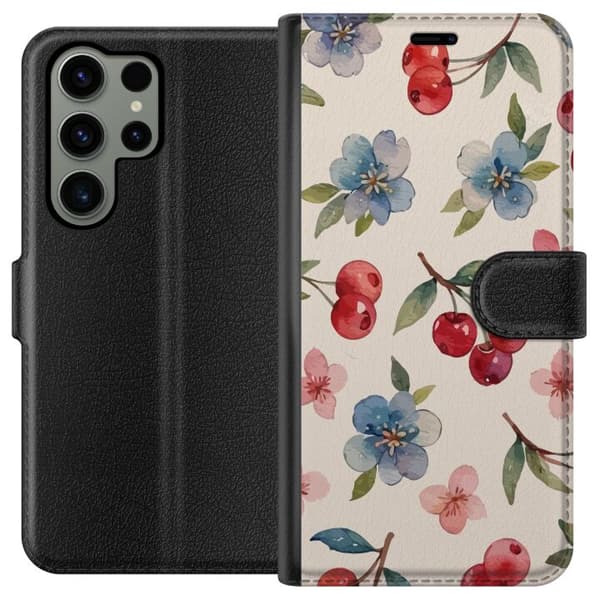 Samsung Galaxy S23 Ultra Lommeboketui Bær & Blomster - mønster med blå blomster og skogsbær