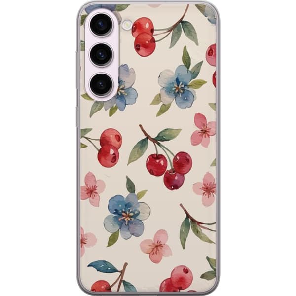 Samsung Galaxy S23+ Läpinäkyvä kuori Marjat & Kukat - kuvio, jossa on sinisiä kukkia ja metsänmarjoja