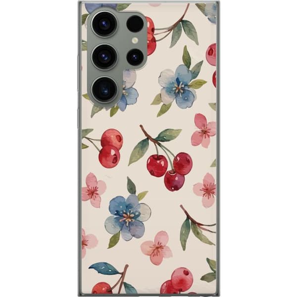 Samsung Galaxy S23 Ultra Genomskinligt Skal Bär & Blommor – mönster med blå blommor och skogsbär