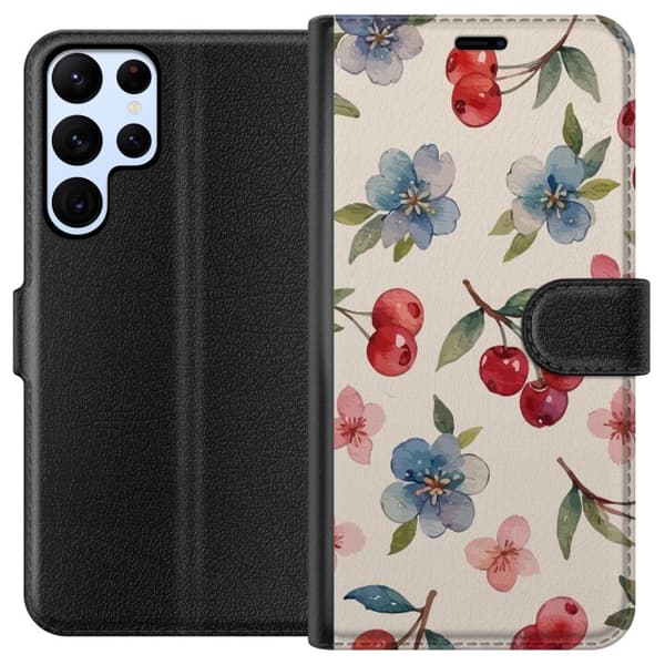Samsung Galaxy S24 Ultra Lommeboketui Bær & Blomster - mønster med blå blomster og skogsbær