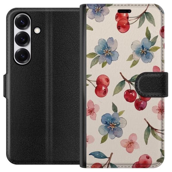 Samsung Galaxy S25 Lompakkokotelo Marjat & Kukat - kuvio, jossa on sinisiä kukkia ja metsänmarjoja