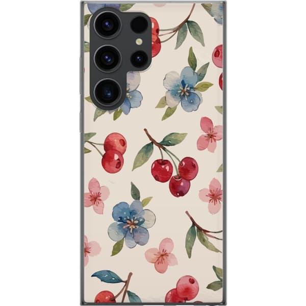 Samsung Galaxy S24 Ultra Gjennomsiktig deksel Bær & Blomster - mønster med blå blomster og skogsbær