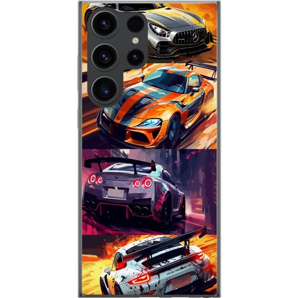 Samsung Galaxy S24 Ultra Gennemsigtig cover Rallyfeber - fartfyldt motiv med rallybiler