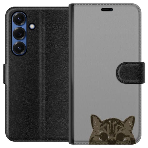 Samsung Galaxy S25+ Lommeboketui Grå Kattblikk - stilren katte design med grå bakgrunn