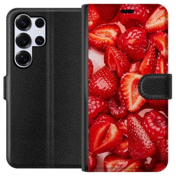 Samsung Galaxy S25 Ultra Lompakkokotelo Mansikkakuviointi - makea motiivi kesäfiiliksellä