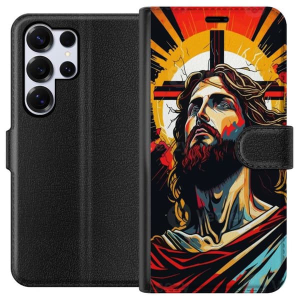 Samsung Galaxy S25 Ultra Lompakkokotelo Jeesus ja Kortti - uskonnollinen motiivi syvällä symboliikalla