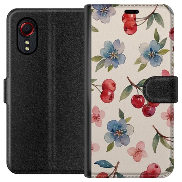 Samsung Galaxy Xcover 5 Lompakkokotelo Marjat & Kukat - kuvio, jossa on sinisiä kukkia ja metsänmarjoja