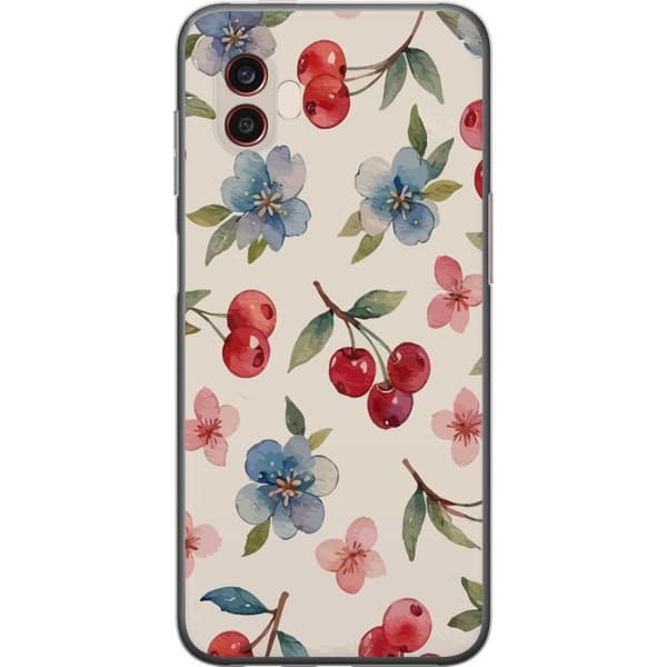 Samsung Galaxy Xcover6 Pro Läpinäkyvä kuori Marjat & Kukat - kuvio, jossa on sinisiä kukkia ja metsänmarjoja