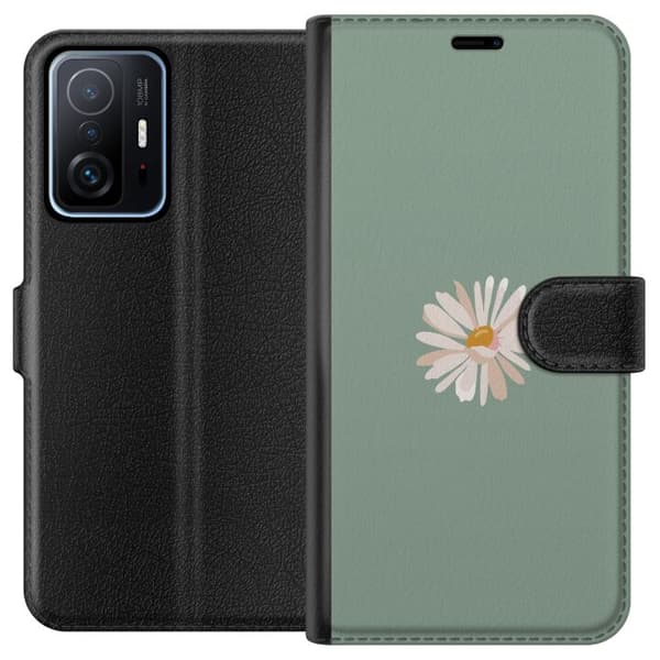 Xiaomi 11T Plånboksfodral Grön Minimalblomma – stilren blomma på grön bakgrund