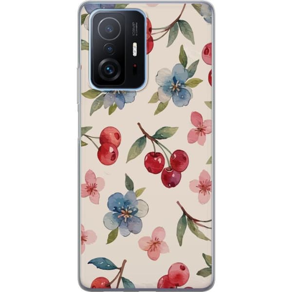 Xiaomi 11T Pro Gjennomsiktig deksel Bær & Blomster - mønster med blå blomster og skogsbær