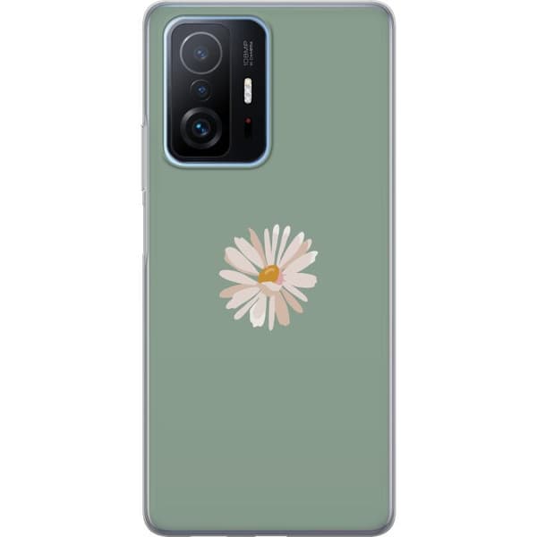 Xiaomi 11T Pro Genomskinligt Skal Grön Minimalblomma – stilren blomma på grön bakgrund