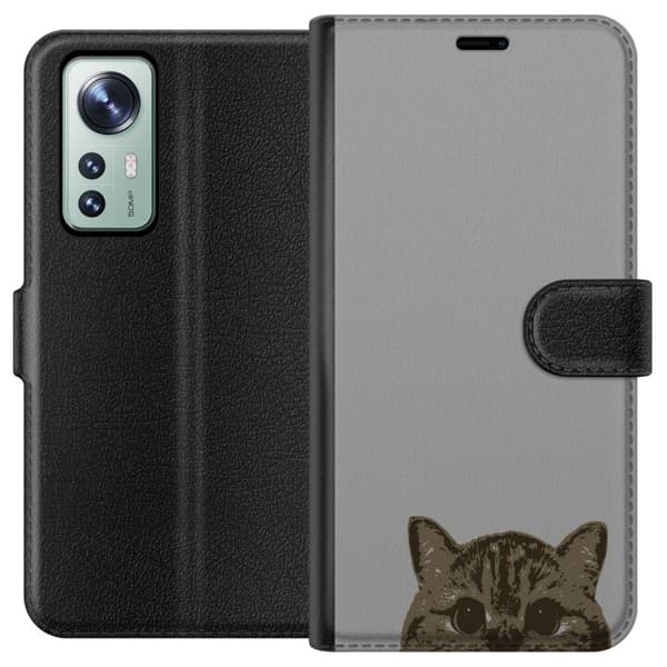 Xiaomi 12 Lompakkokotelo Harmaa kissan katse - tyylikäs kissa suunnittelu harmaalla taustalla