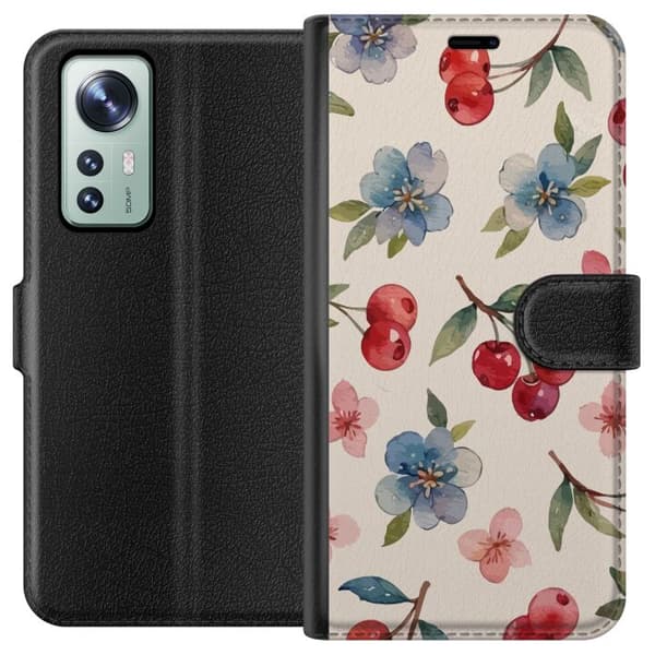Xiaomi 12 Lompakkokotelo Marjat & Kukat - kuvio, jossa on sinisiä kukkia ja metsänmarjoja