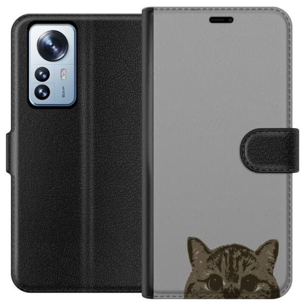 Xiaomi 12 Pro Tegnebogsetui Grå Katteblik - stilfuld kat design med grå baggrund