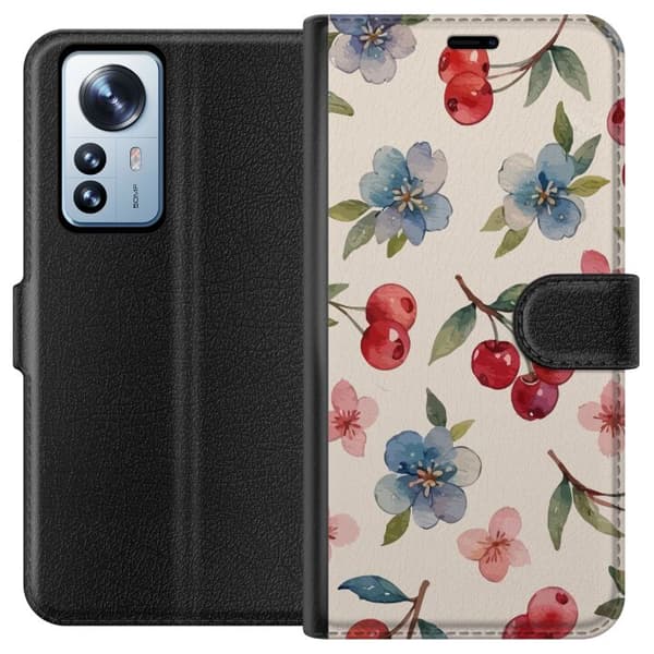 Xiaomi 12 Pro Plånboksfodral Bär & Blommor – mönster med blå blommor och skogsbär