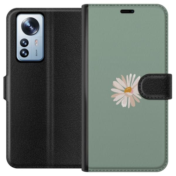 Xiaomi 12 Pro Plånboksfodral Grön Minimalblomma – stilren blomma på grön bakgrund