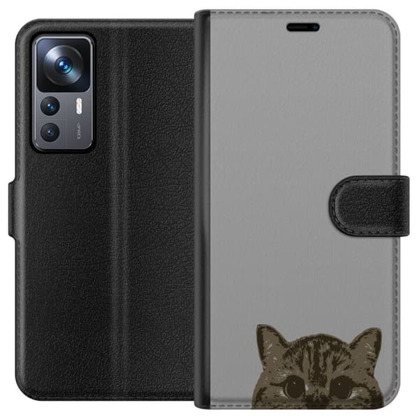 Xiaomi 12T Pro Lompakkokotelo Harmaa kissan katse - tyylikäs kissa suunnittelu harmaalla taustalla