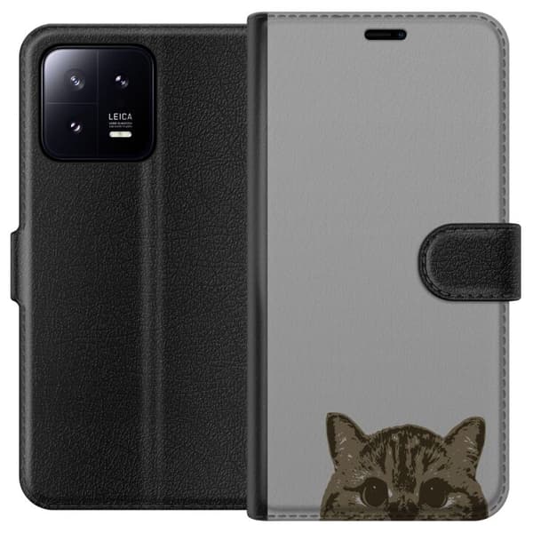 Xiaomi 13 Plånboksfodral Grå Kattblick – stilren kattdesign med grå bakgrund