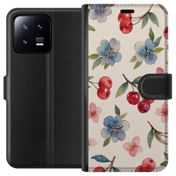 Xiaomi 13 Lommeboketui Bær & Blomster - mønster med blå blomster og skogsbær