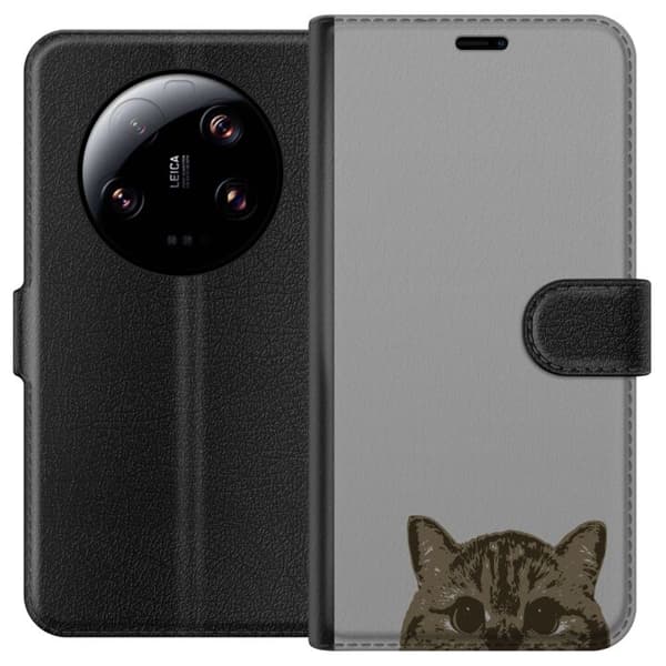 Xiaomi 13 Ultra Plånboksfodral Grå Kattblick – stilren kattdesign med grå bakgrund