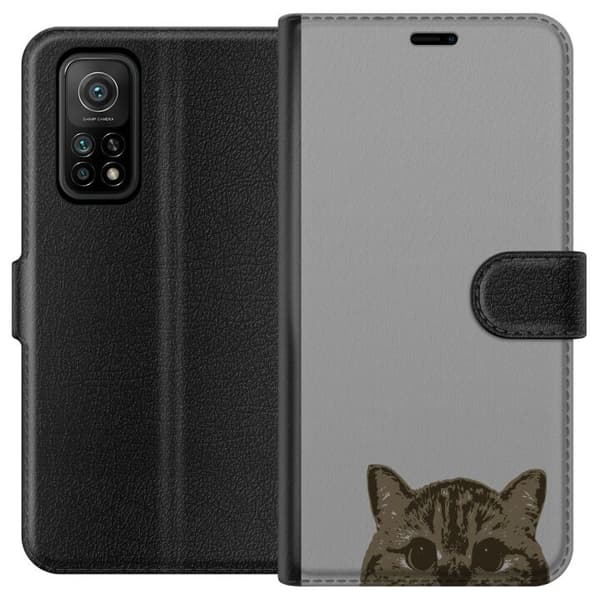 Xiaomi Mi 10T Pro 5G Tegnebogsetui Grå Katteblik - stilfuld kat design med grå baggrund