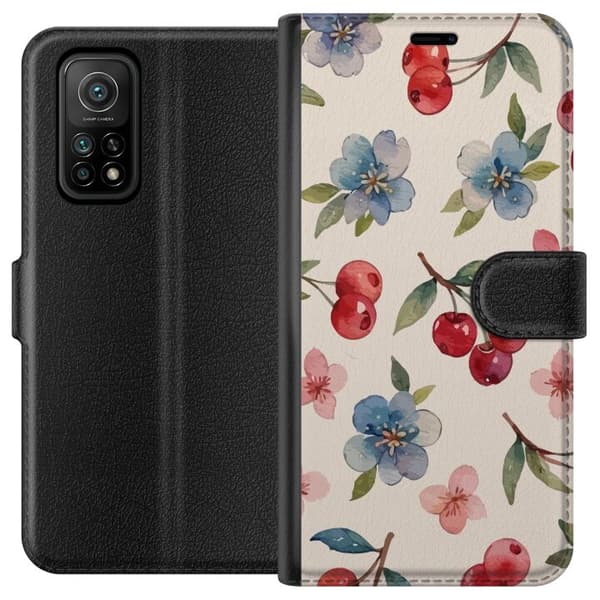 Xiaomi Mi 10T Pro 5G Tegnebogsetui Bær & Blomster - mønster med blå blomster og skovbær