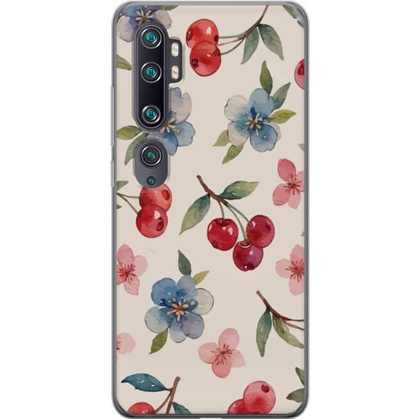 Xiaomi Mi Note 10 Läpinäkyvä kuori Marjat & Kukat - kuvio, jossa on sinisiä kukkia ja metsänmarjoja