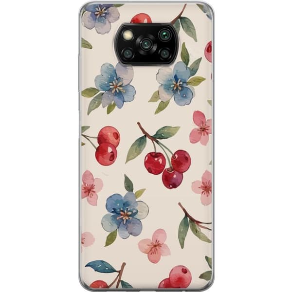 Xiaomi Poco X3 NFC Läpinäkyvä kuori Marjat & Kukat - kuvio, jossa on sinisiä kukkia ja metsänmarjoja