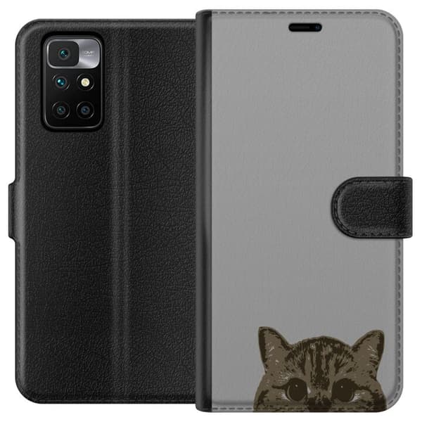 Xiaomi Redmi 10 Plånboksfodral Grå Kattblick – stilren kattdesign med grå bakgrund