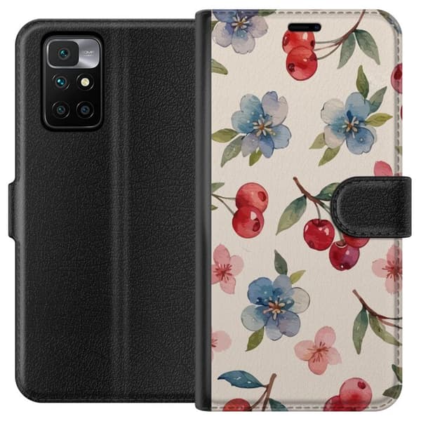 Xiaomi Redmi 10 Lompakkokotelo Marjat & Kukat - kuvio, jossa on sinisiä kukkia ja metsänmarjoja