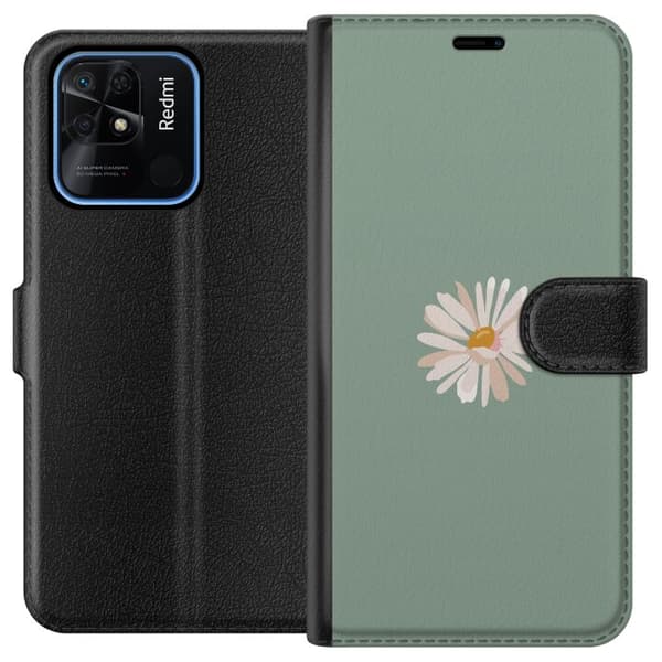 Xiaomi Redmi 10C Tegnebogsetui Grøn Minimalblomst - stilfuld blomst på grøn baggrund