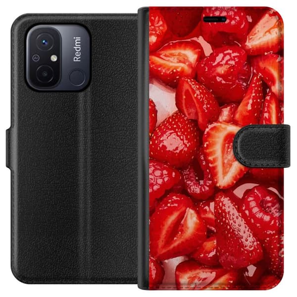 Xiaomi Redmi 12C Tegnebogsetui Jordbærmønster - sødt motiv med sommerstemning