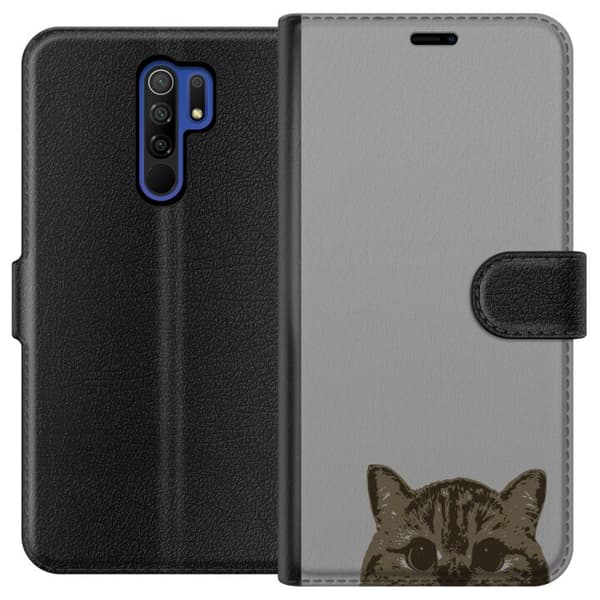 Xiaomi Redmi 9 Plånboksfodral Grå Kattblick – stilren kattdesign med grå bakgrund