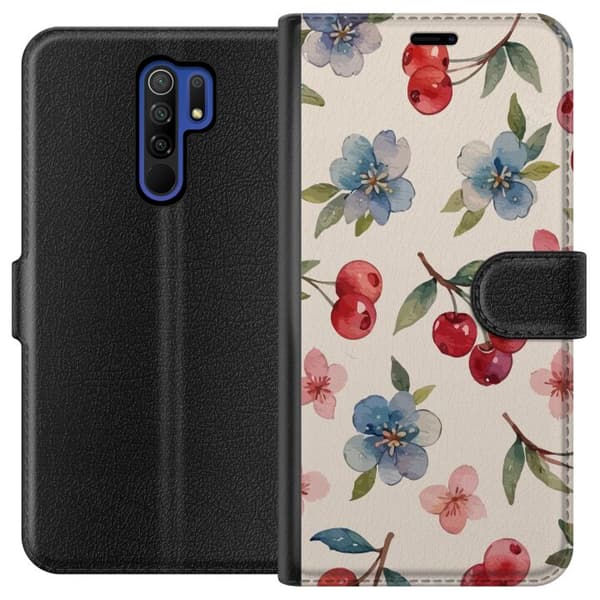 Xiaomi Redmi 9 Plånboksfodral Bär & Blommor – mönster med blå blommor och skogsbär