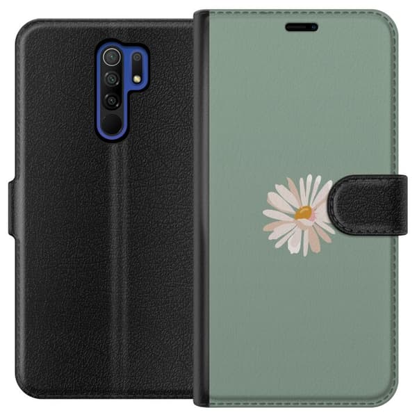 Xiaomi Redmi 9 Lompakkokotelo Vihreä Minimalikukka - tyylikäs kukka vihreällä taustalla