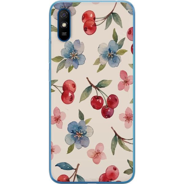 Xiaomi Redmi 9A Läpinäkyvä kuori Marjat & Kukat - kuvio, jossa on sinisiä kukkia ja metsänmarjoja